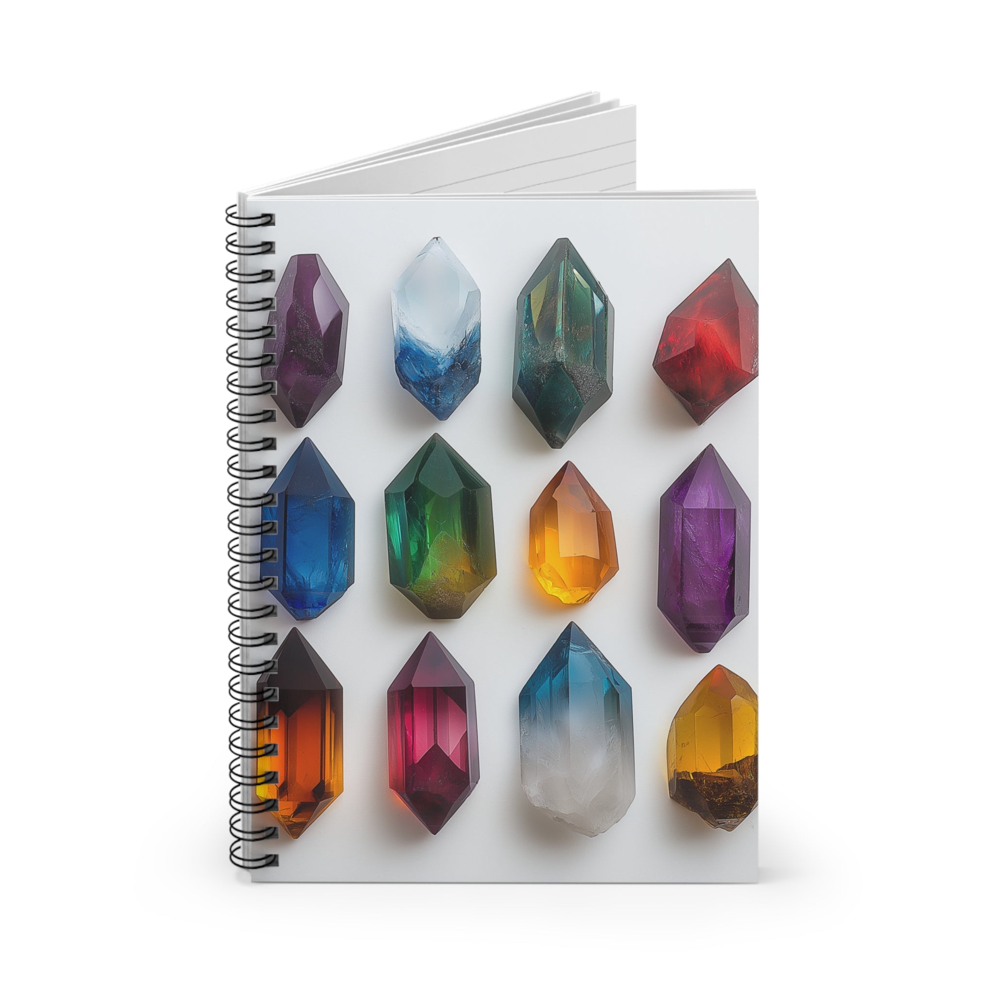 Crystal Vibes Spiral Notebook - White Ruled Lines, Gemstone Journal, Unique Stationery, Gift for Students, Art Lovers, Crystal Decor