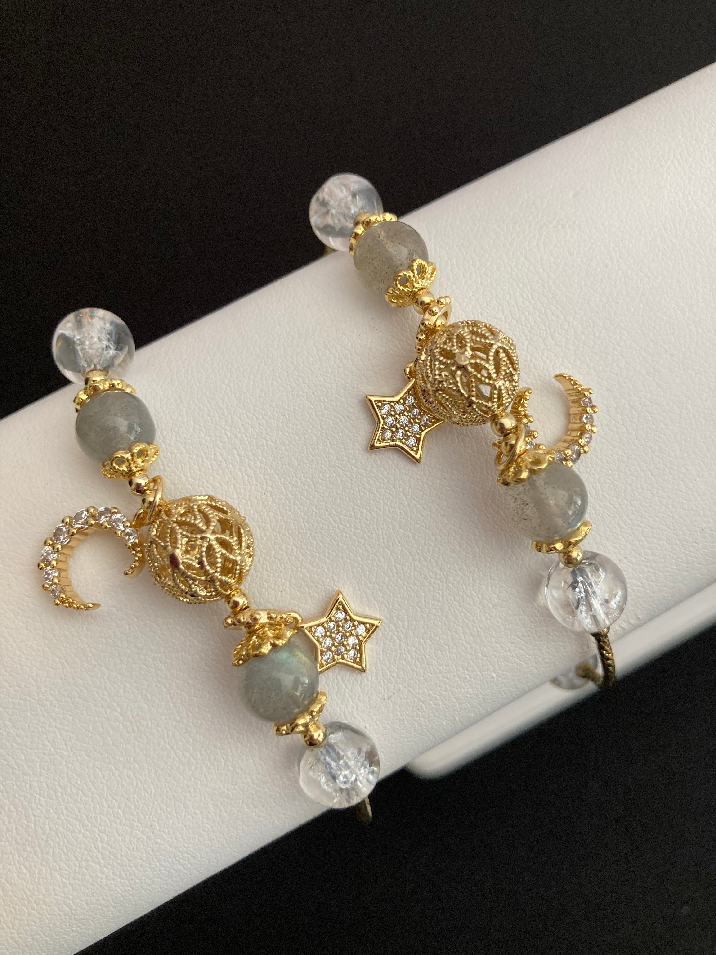 Labradorite & Clear Quartz Gold Charm Bracelet